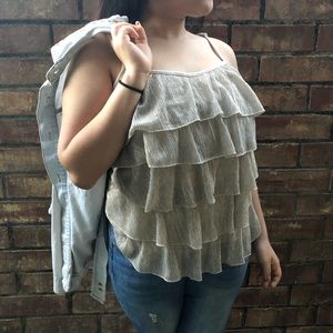 Gold Sparkly Ruffle Spaghetti Strap Blouse